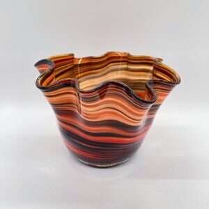 Pier 1 Blown Glass Red Orange Black Twist Swirl Ruffle Vase Bowl Murano Style